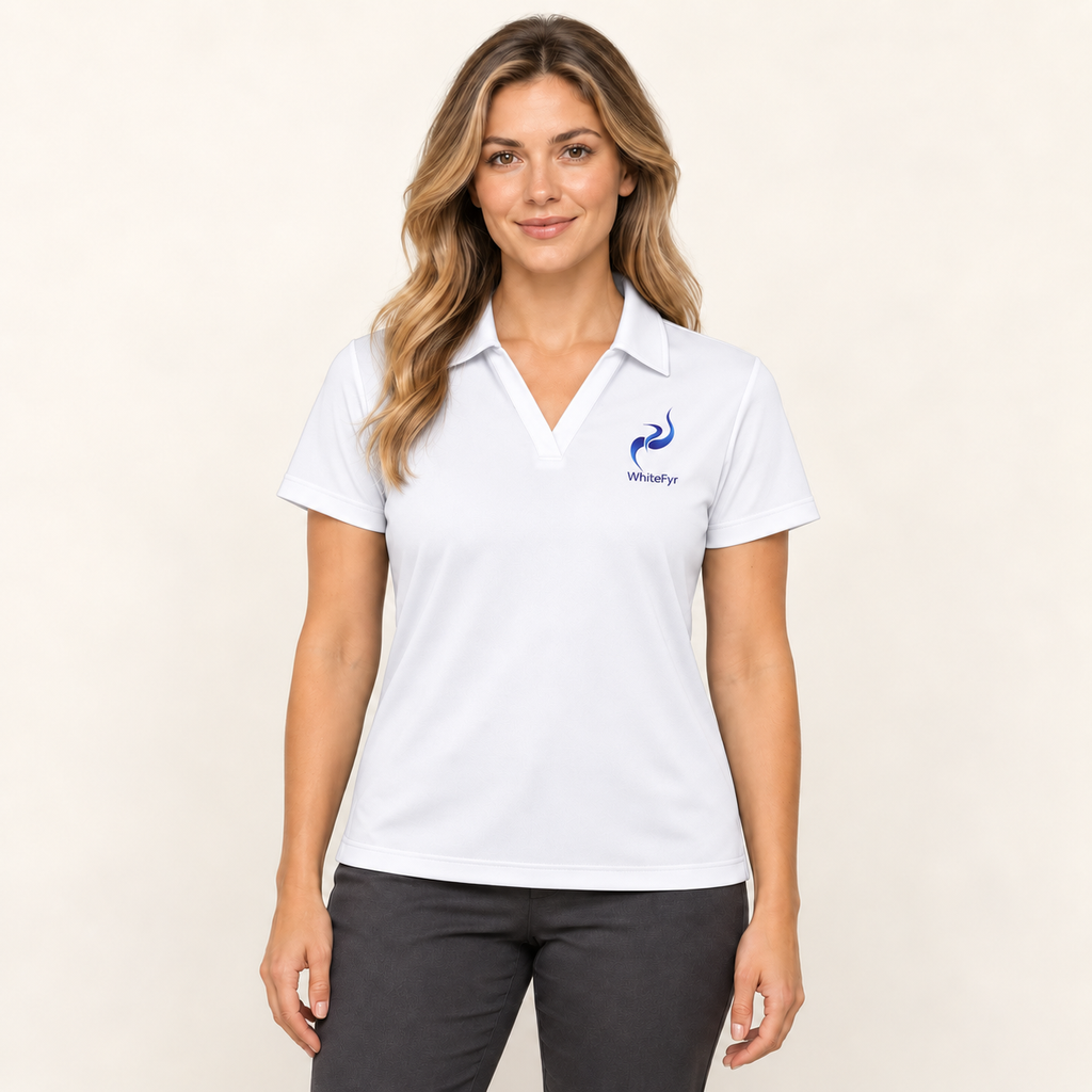 WhiteFyr Women's Performance Polo - Short Sleeve in White — AI-assisted model studio mockup