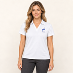 WhiteFyr Women's Performance Polo - Short Sleeve in White — AI-assisted model studio mockup